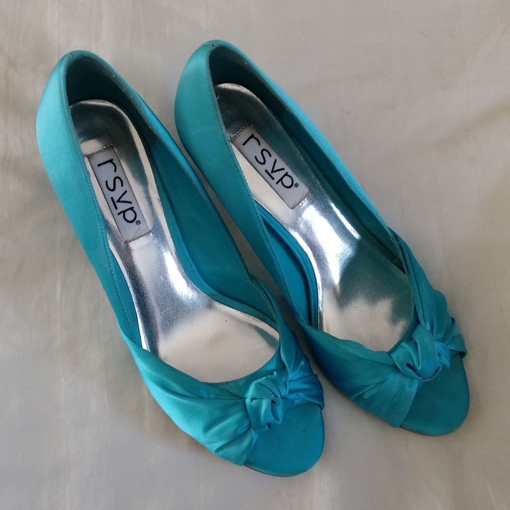 Cute sexy teal blue kitten heel peep toe shoes 7